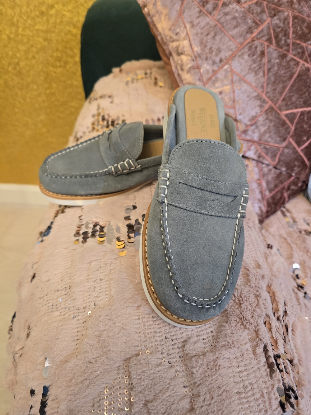 Women's Dusty Blue/grey Suede Penny Loafer Mules - Picture 2 of 5